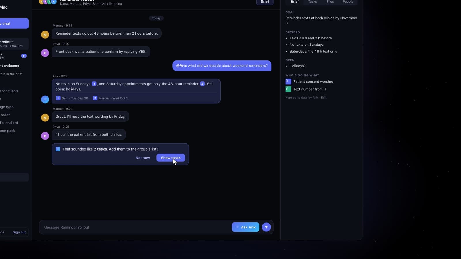 An Arix for Mac group chat where Arix answers with sources and offers to add tasks